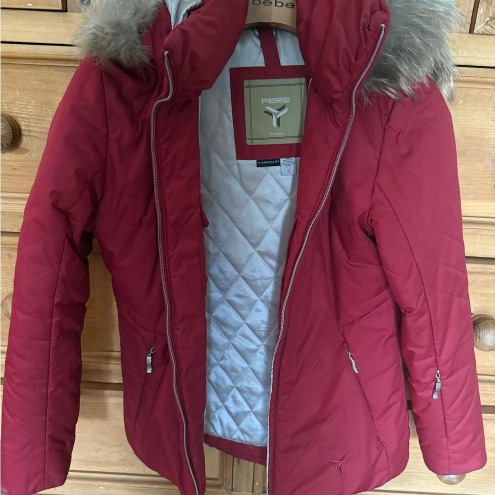 Bebe Women's Red Ski Jacket with Fur Hood